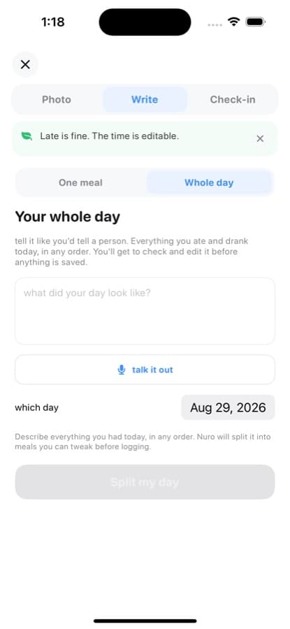 Your day, in your words — Describe one meal or a whole day. Review and edit before anything is saved.