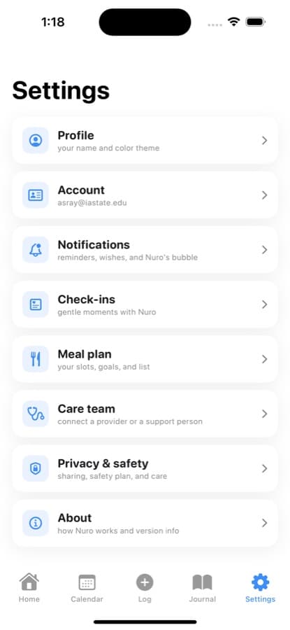 Make it yours — Find your meal plan, reminders, care-team connections, and privacy settings in one place.